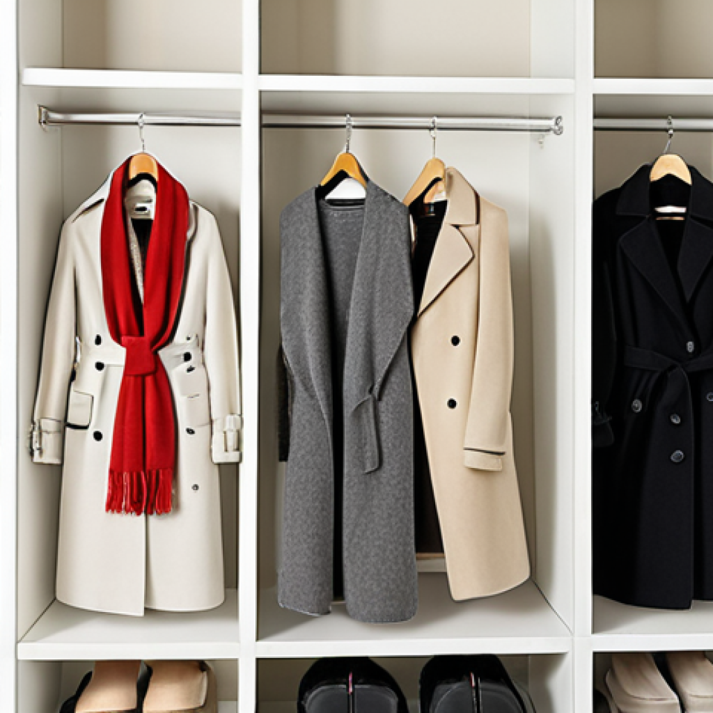 **

A minimalist, well-organized closet with neutral-colored capsule wardrobe items (white, black, grey, beige). Focus on quality materials like cashmere sweaters, well-fitting jeans, and a classic trench coat. Subtle pops of color with a red scarf and a green handbag. The overall feeling should be calm and serene.

**