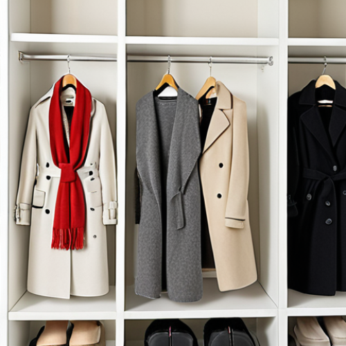 **

A minimalist, well-organized closet with neutral-colored capsule wardrobe items (white, black, grey, beige). Focus on quality materials like cashmere sweaters, well-fitting jeans, and a classic trench coat. Subtle pops of color with a red scarf and a green handbag. The overall feeling should be calm and serene.

**