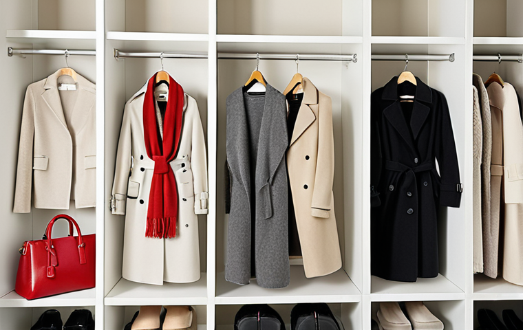 **

A minimalist, well-organized closet with neutral-colored capsule wardrobe items (white, black, grey, beige). Focus on quality materials like cashmere sweaters, well-fitting jeans, and a classic trench coat. Subtle pops of color with a red scarf and a green handbag. The overall feeling should be calm and serene.

**